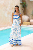 Soleia White Blue Tropical Ric Rac Tiered Maxi Dress