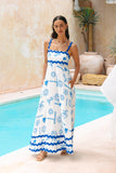 Soleia White Blue Tropical Ric Rac Tiered Maxi Dress