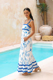 Soleia White Blue Tropical Ric Rac Tiered Maxi Dress