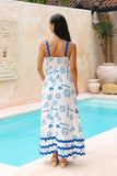 Soleia White Blue Tropical Ric Rac Tiered Maxi Dress