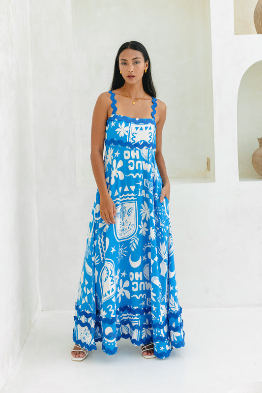 Soquila Blue Tropical Ric Rac Maxi Dress