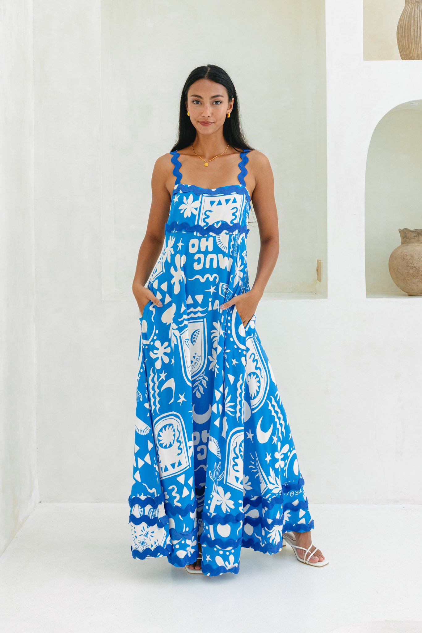 Soquila Blue Tropical Ric Rac Maxi Dress