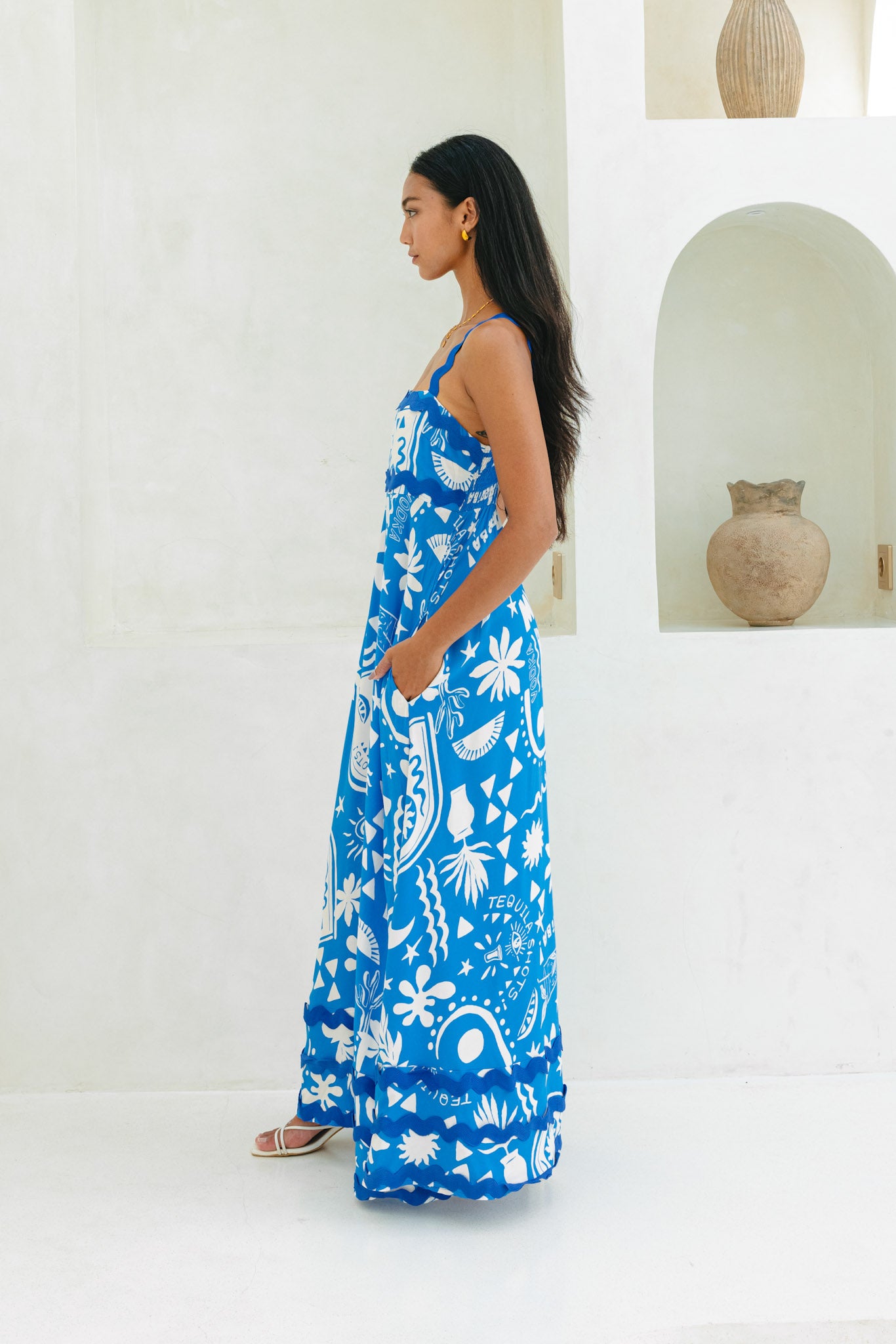 Soquila Blue Tropical Ric Rac Maxi Dress