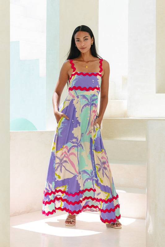 Paradisio Purple Tropical Ric Rac Maxi Dress