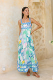 Maeve Aqua Blue Green Abstract Ric Rac Maxi Dress