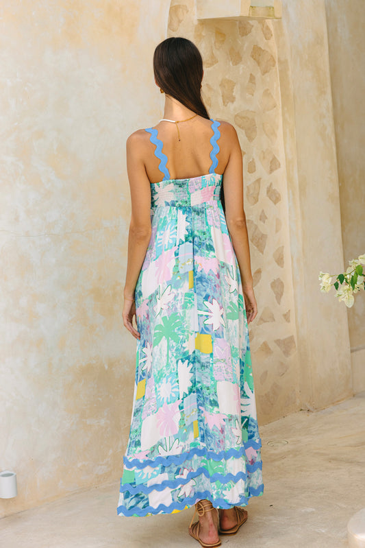 Maeve Aqua Blue Green Abstract Ric Rac Maxi Dress