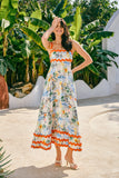 Malibu Orange Blue Tropical Ric Rac Tiered Maxi Dress