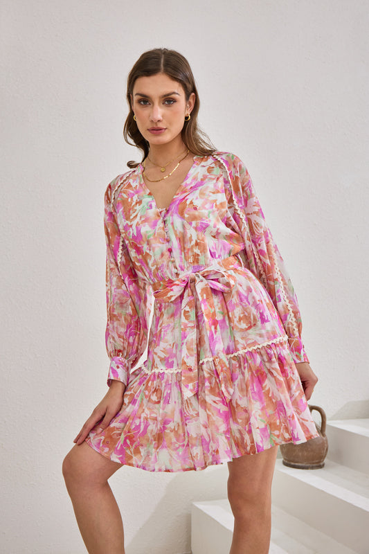 Anthea Pink Floral Long Sleeve Mini Dress