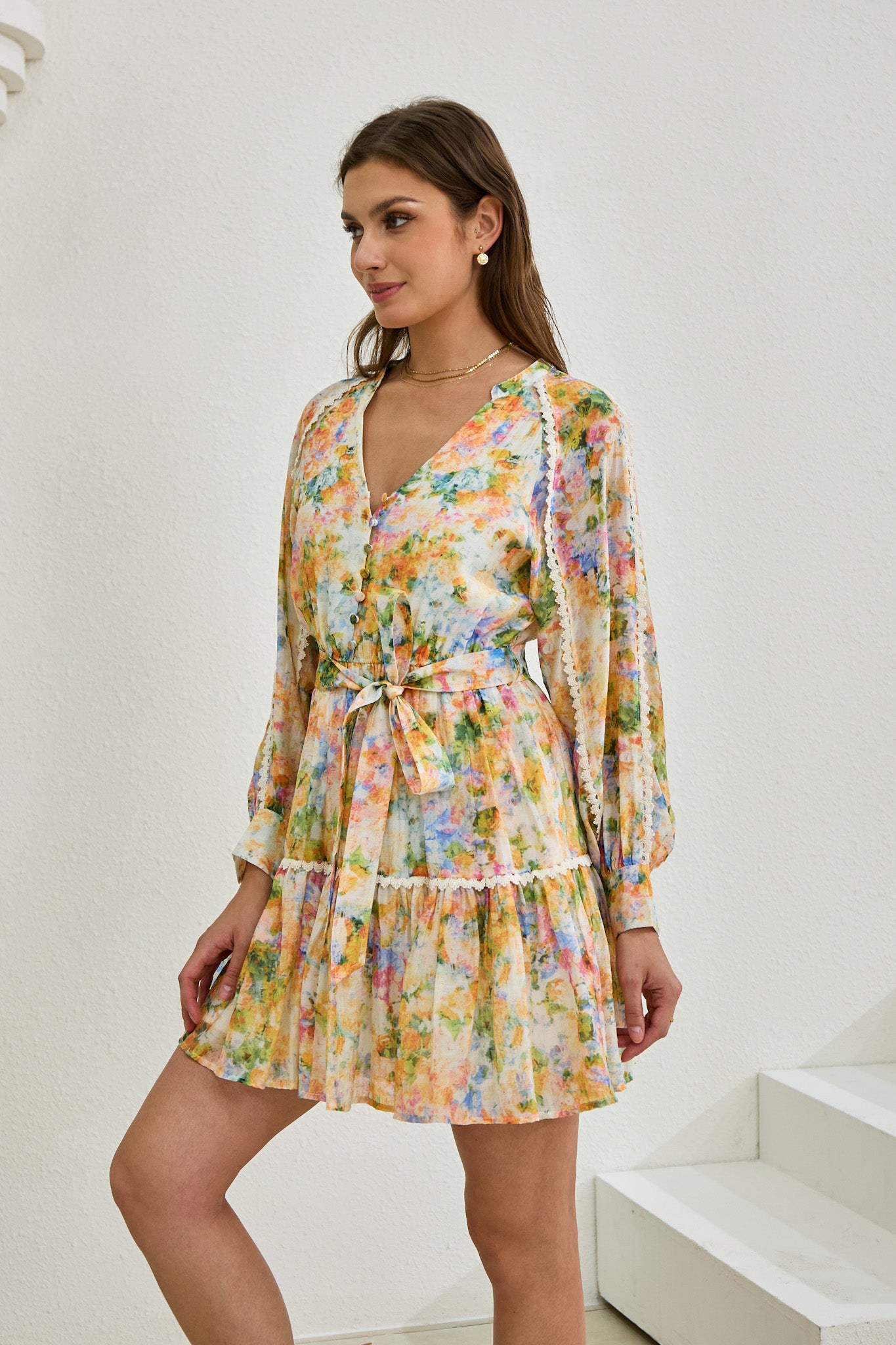 Elysia Yellow Floral Long Sleeve Mini Dress