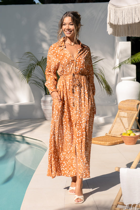 Lira Brown Spot Shirt Maxi Dress