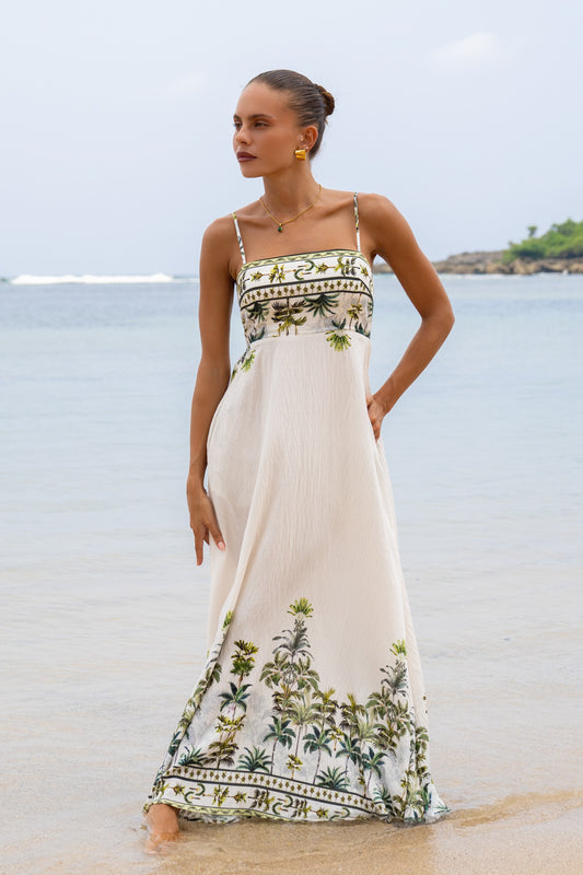Sabina Green Tropical Flared Maxi Dress