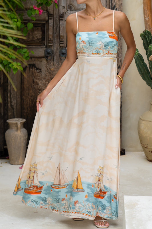 Marisol Beige Blue Abstract Flared Maxi Dress