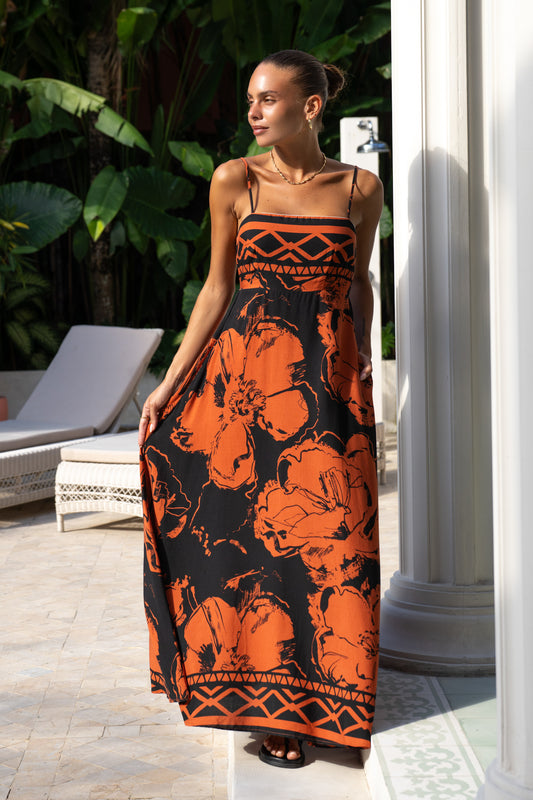 Rinata Brown Floral Flared Maxi Dress