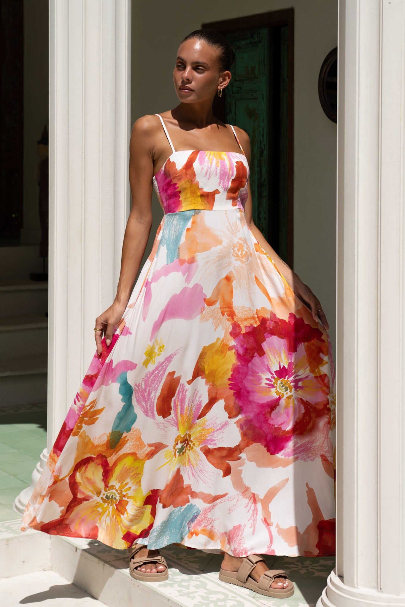 Genevieve Pink Floral Maxi Dress Flowy Flared Summer Dress with Pockets Genevieve Pink Floral Maxi Dress Flowy Flared Summer Dress with Pockets