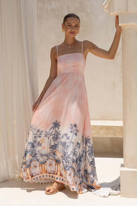 Marzella Pink Tropical Flared Maxi Dress