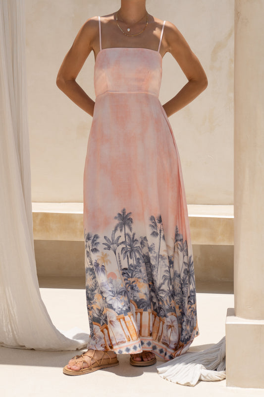 Marzella Pink Tropical Flared Maxi Dress