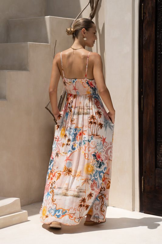 Lumeia Pink Tropical Flared Maxi Dress