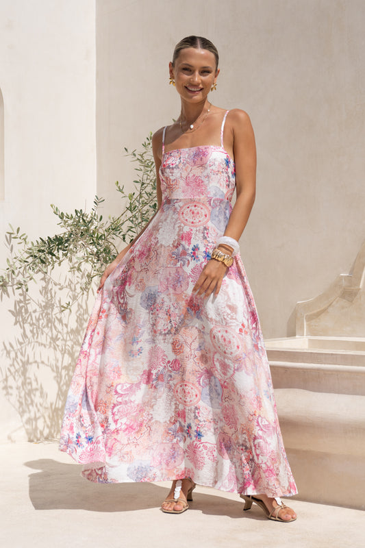 Gezelle Pink Floral Flared Maxi Dress