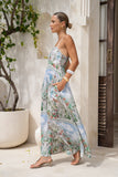 Elysara Green Tropical Flared Maxi Dress