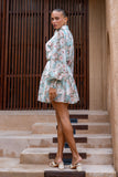 Rosalind Teal Blue Pink Floral Lace Detail Mini Dress