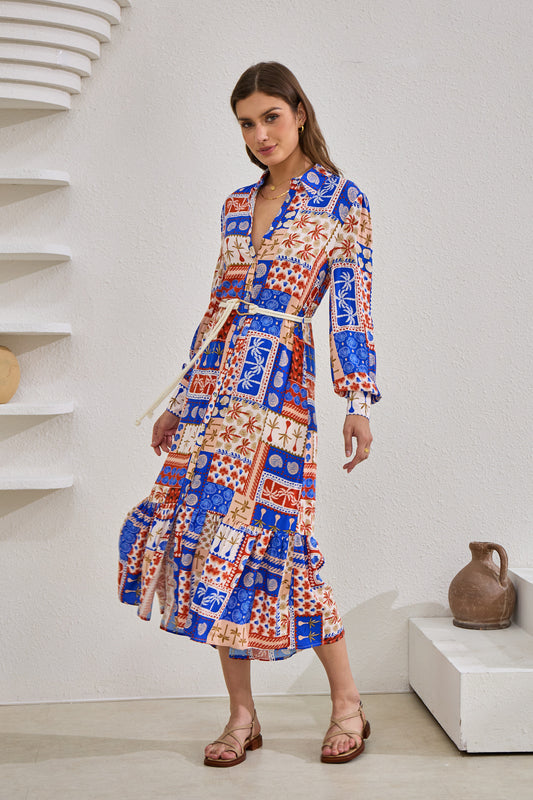 Cordelia Blue Abstract Patchwork Belted Midi Dress