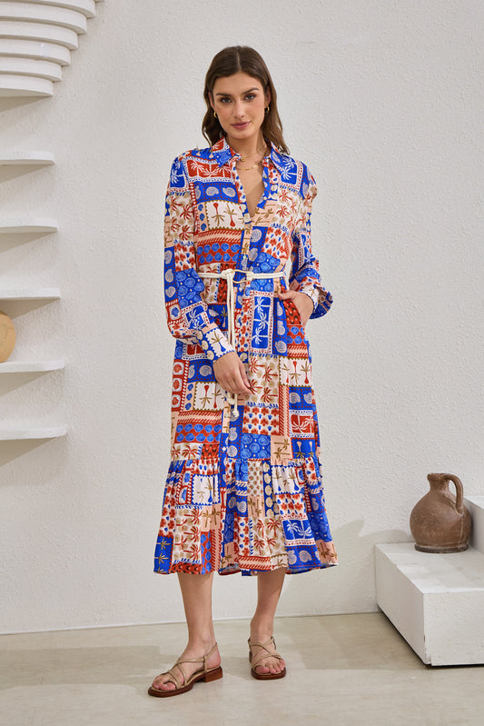 Cordelia Blue Abstract Patchwork Belted Midi Dress