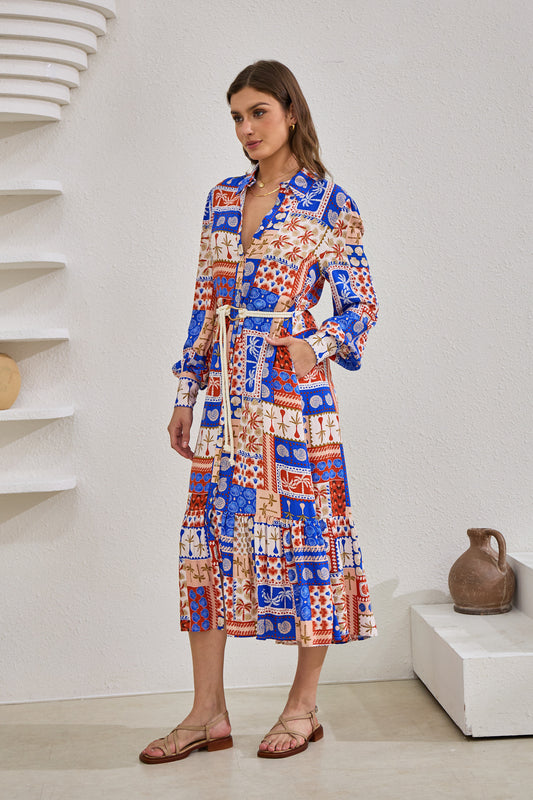 Cordelia Blue Abstract Patchwork Belted Midi Dress