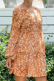 Lira Brown Spot Long Sleeve V-Neck Mini Dress