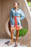 Amalita Blue Tropical Belted Long Sleeve Mini Dress