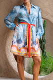 Amalita Blue Tropical Belted Long Sleeve Mini Dress