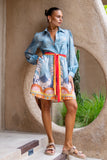 Amalita Blue Tropical Belted Long Sleeve Mini Dress