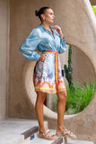 Amalita Blue Tropical Belted Long Sleeve Mini Dress