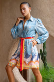 Amalita Blue Tropical Belted Long Sleeve Mini Dress