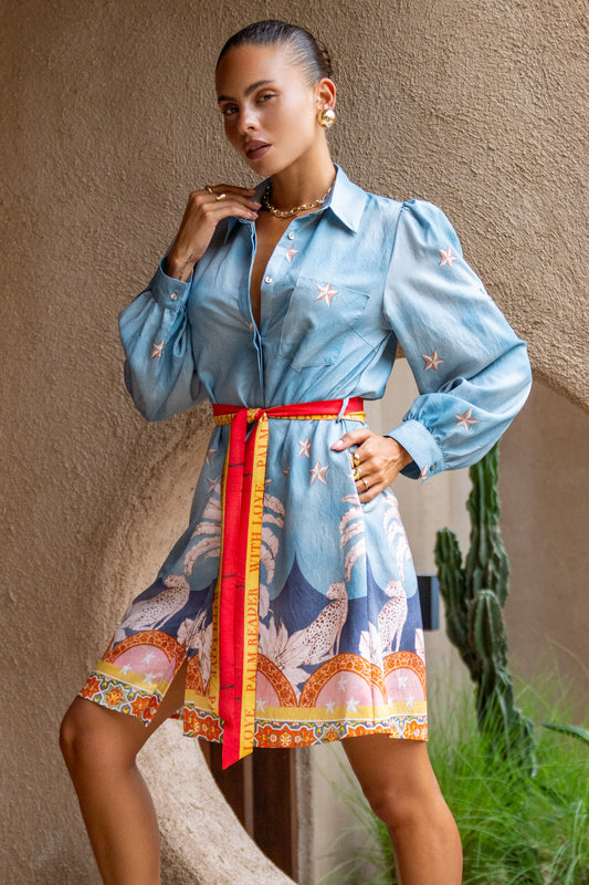 Amalita Blue Tropical Belted Long Sleeve Mini Dress