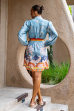 Amalita Blue Tropical Belted Long Sleeve Mini Dress