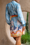 Amalita Blue Tropical Belted Long Sleeve Mini Dress