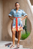 Amalita Blue Tropical Belted Long Sleeve Mini Dress