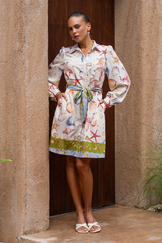 Lauriane Multicolour Abstract Belted Long Sleeve Mini Dress