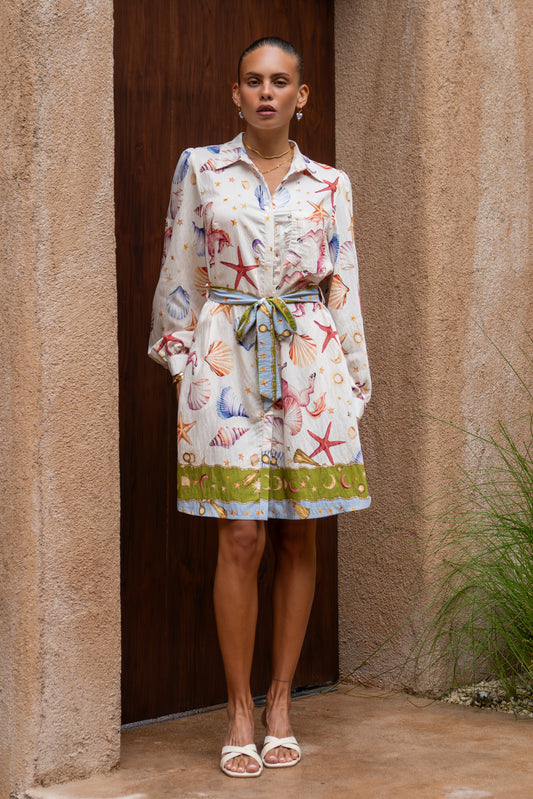 Lauriane Multicolour Abstract Belted Long Sleeve Mini Dress