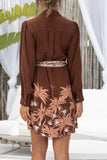 Eriselle Brown Tropical Belted Long Sleeve Mini Dress