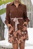 Eriselle Brown Tropical Belted Long Sleeve Mini Dress