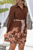 Eriselle Brown Tropical Belted Long Sleeve Mini Dress