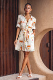 Kaya Orange Tiger Abstract Belted Long Sleeve Mini Dress