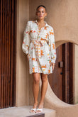 Kaya Orange Tiger Abstract Belted Long Sleeve Mini Dress
