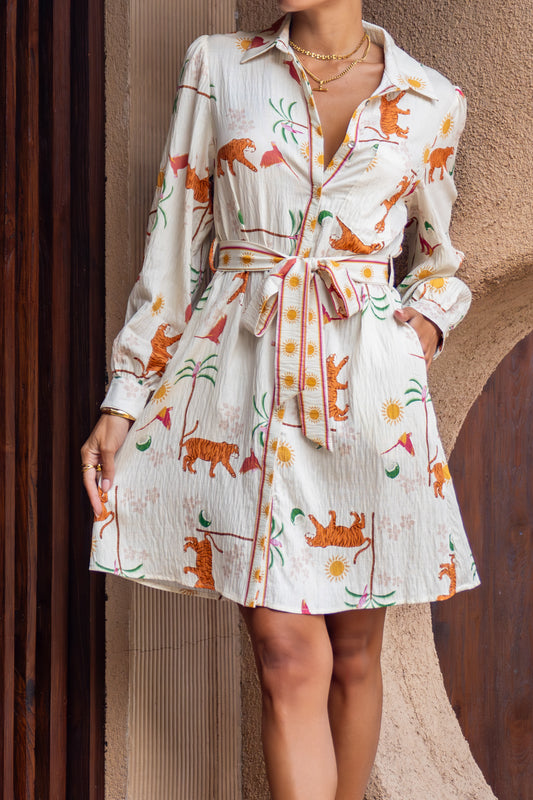 Kaya Orange Tiger Abstract Belted Long Sleeve Mini Dress