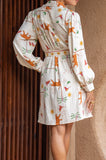 Kaya Orange Tiger Abstract Belted Long Sleeve Mini Dress