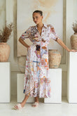 Kasia Beige Lilac Abstract Belted Midi Dress