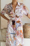 Kasia Beige Lilac Abstract Belted Midi Dress