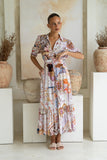 Kasia Beige Lilac Abstract Belted Midi Dress