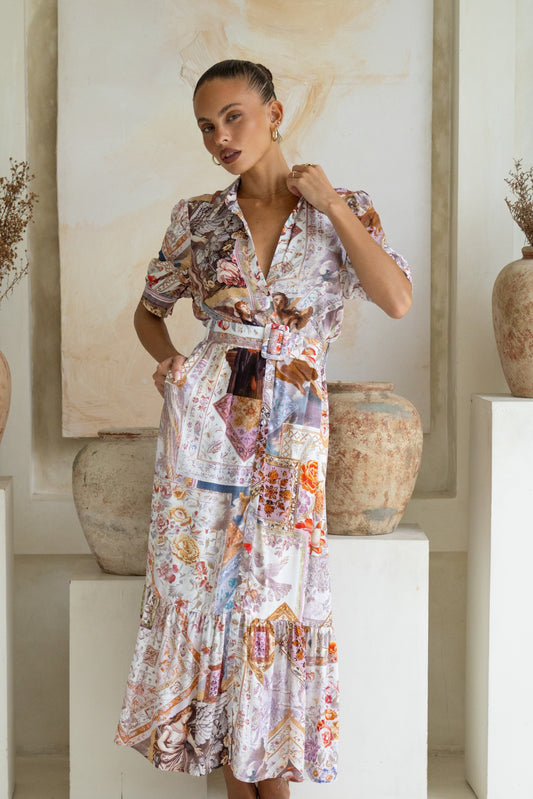 Kasia Beige Lilac Abstract Belted Midi Dress
